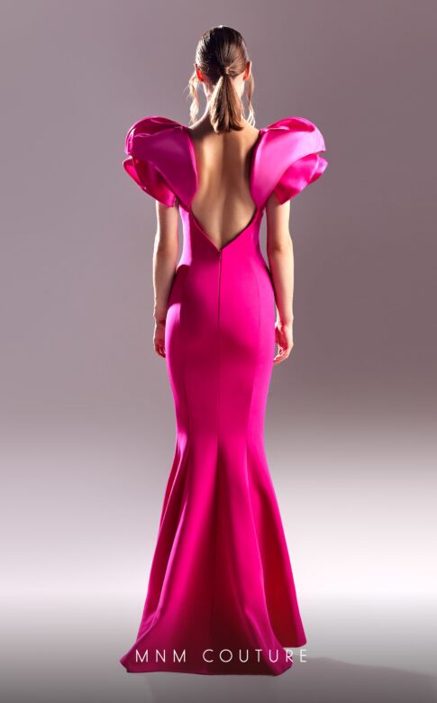 MNM Couture G1536 Ruffle Sleeve Bare Back Plunging Neck Dress