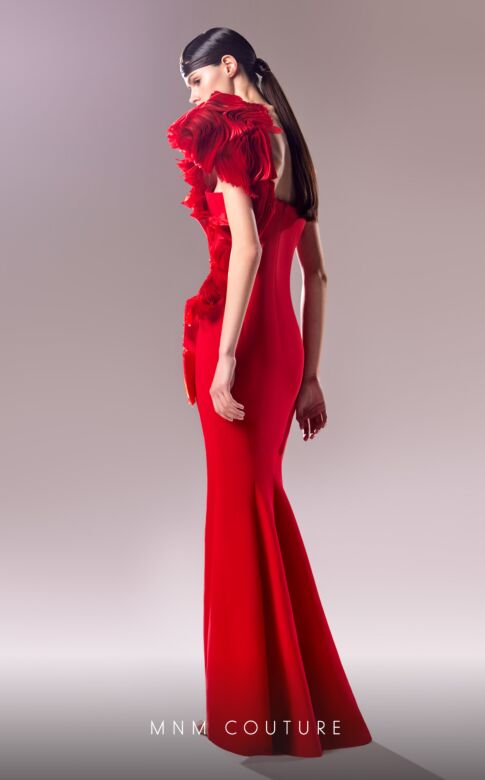MNM Couture G1612 High Slit 3D One Shoulder Dress
