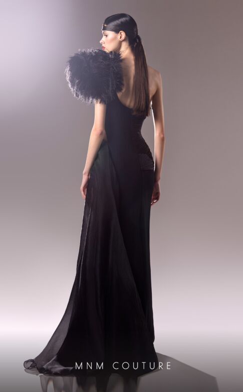 MNM Couture G1618 Feather Sleeve Illusion Corset Dress