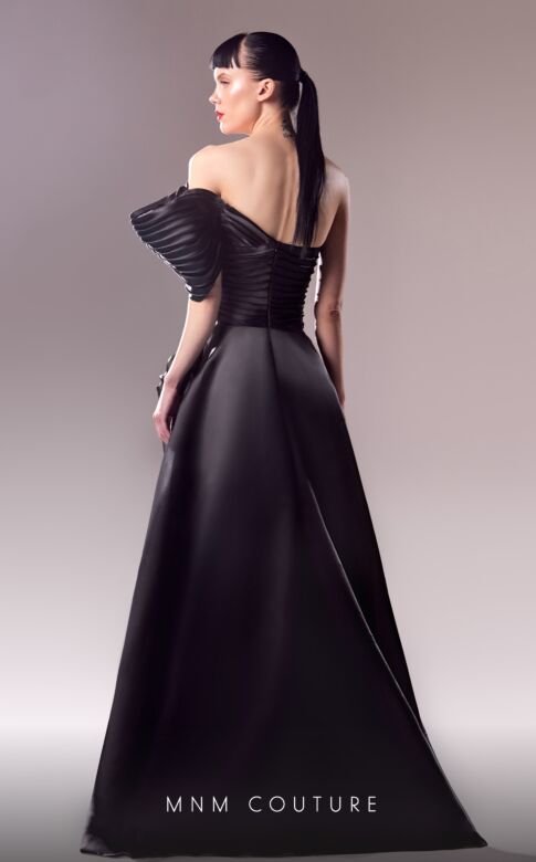 MNM Couture G1619 High Slit Pleated One Sleeve Dress