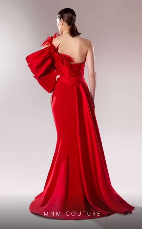MNM Couture G1629 Asymmetric Neck Feather Cold-Shoulder Dress