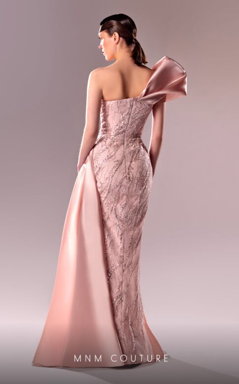 MNM Couture G1631 Pleated Slit Embroidered One Shoulder Dress