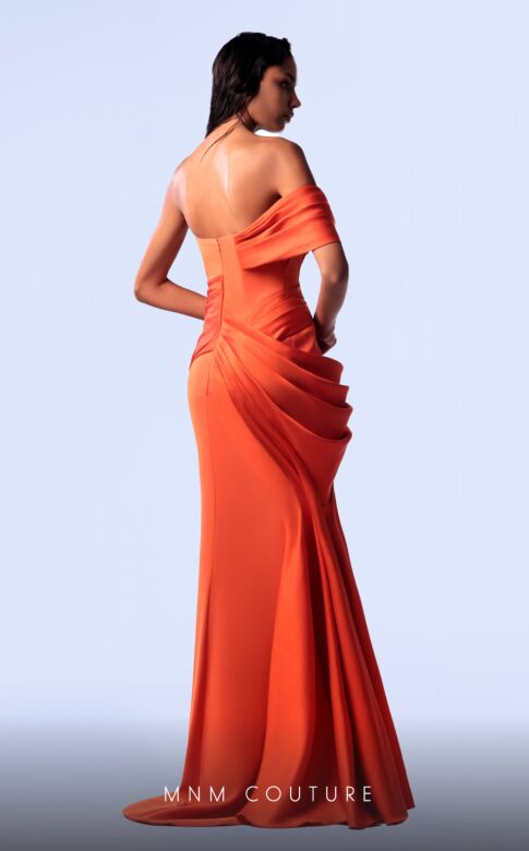 MNM Couture G1710 Draped Asymmetric Off-The-Shoulder Dress
