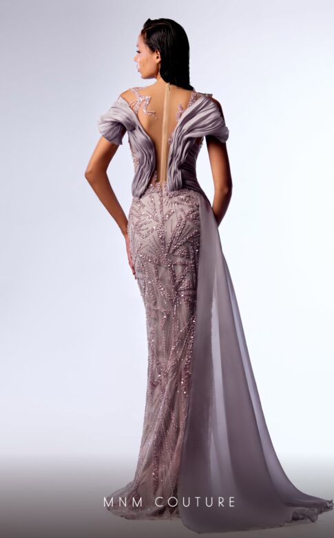 MNM Couture G1714 Side Tail Sheer Back Draped Dress