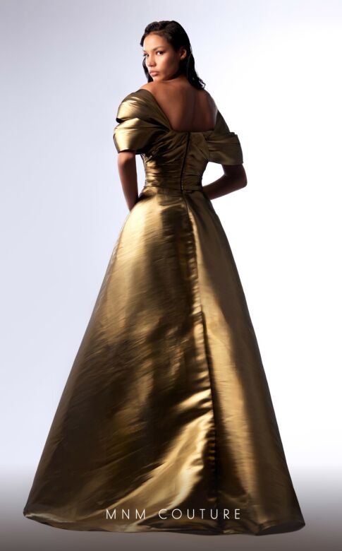 MNM Couture G1726 Long Overskirt Off The Shoulder Metallic Dress