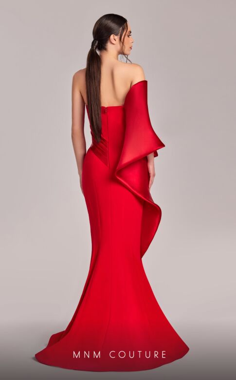 MNM Couture G1803 Pleated Bodice Asymmetric Off-The-Shoulder Dress