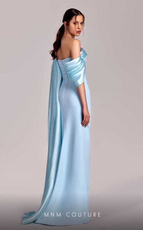 MNM Couture G1804 Draped One-Shoulder Cape Sleeve Dress