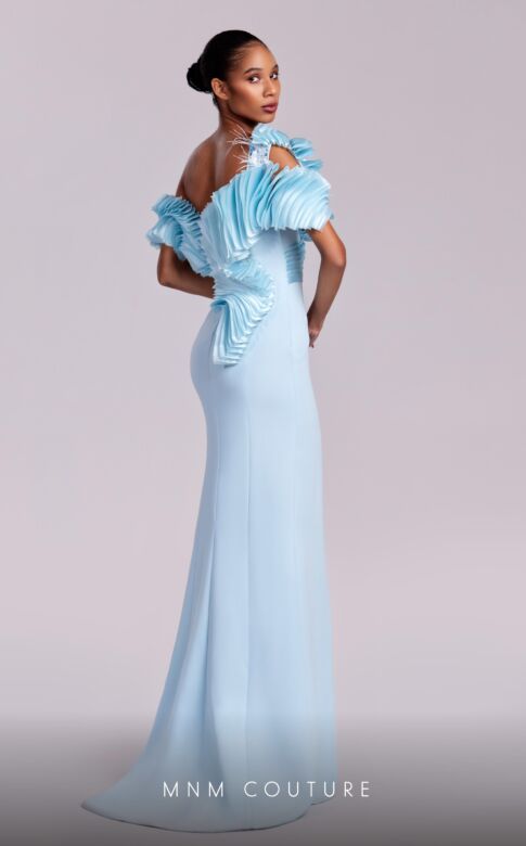 MNM Couture G1807 Pleated Bodice Embellished Asymmetric Neck Dress