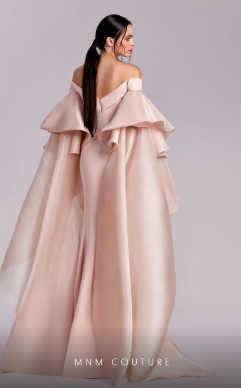 MNM Couture G1814 Ruffle Sleeve Beaded Off-The-Shoulder Dress