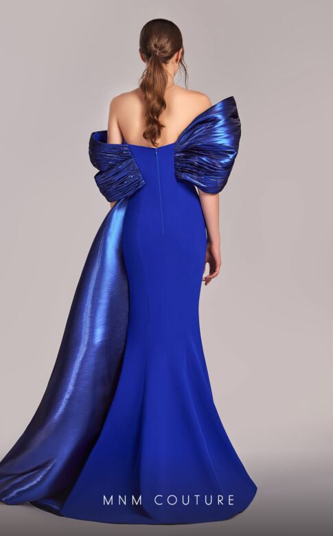 MNM Couture G1840 Side Overskirt Metallic Off-The-Shoulder Dress