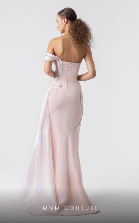 MNM Couture G1900 Side Streamer Asymmetric Off-The-Shoulder Dress