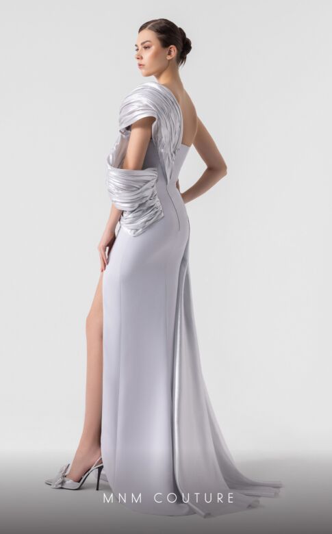 MNM Couture G1907 Cutout Draped Sleeve Pleated Side Tail Dress