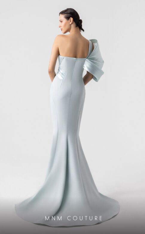 MNM Couture G1911 Draped Bodice Asymmetric Neck Dress