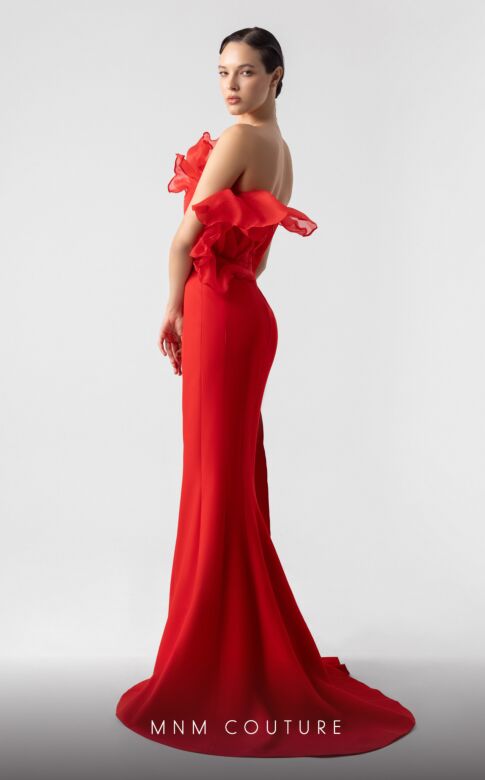 MNM Couture G1917 Ruffle Bodice Plunging Neck Dress