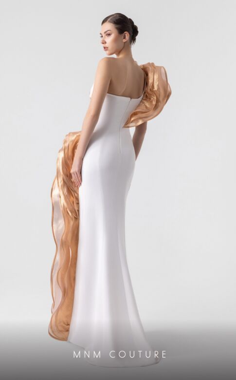 MNM Couture G1925 Ruffled One-Shoulder High Slit Dress