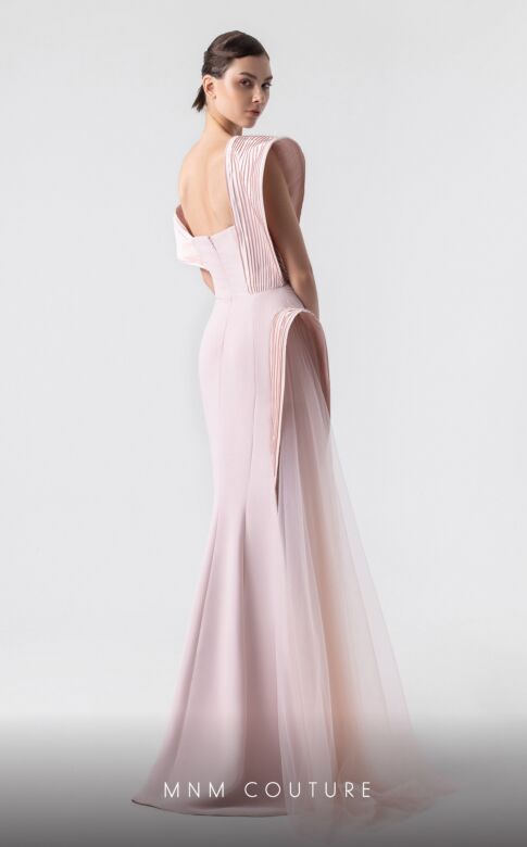 MNM Couture G1929 Side Streamer Asymmetric Pleated Neck Dress