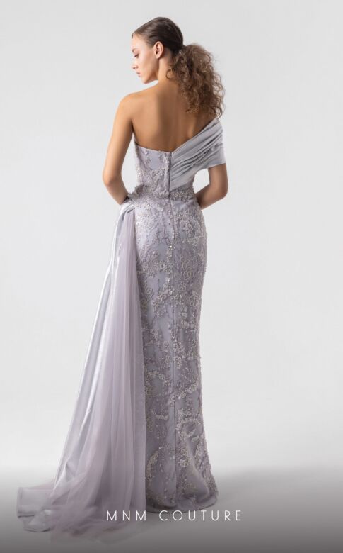 MNM Couture G1932 Asymmetric Off-The-Shoulder Overskirt Beaded Dress