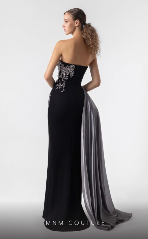 MNM Couture G1938 Strapless Side Slit Overskirt Dress