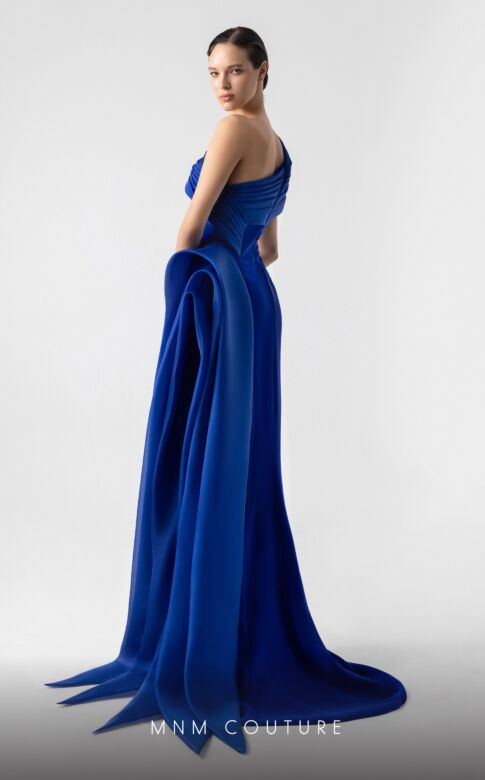 MNM Couture G1941 Pleated Overskirt Asymmetric Neck Dress