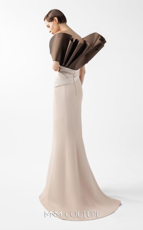MNM Couture G2000 Crumbcatcher Neck Draped Bodice Gold Dress