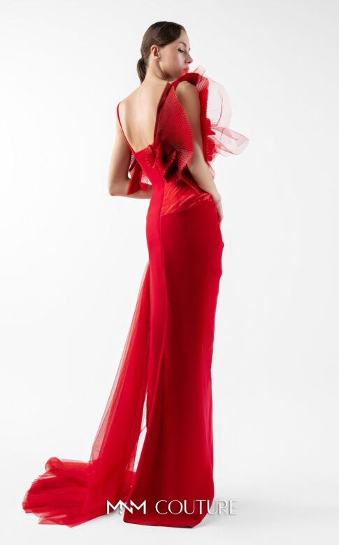 MNM Couture G2001 Draped Skirt Ruffle Neck Red Dress