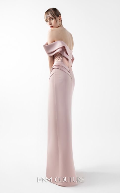 MNM Couture G2020 High Slit Pleated Off The Shoulder Powder Dress
