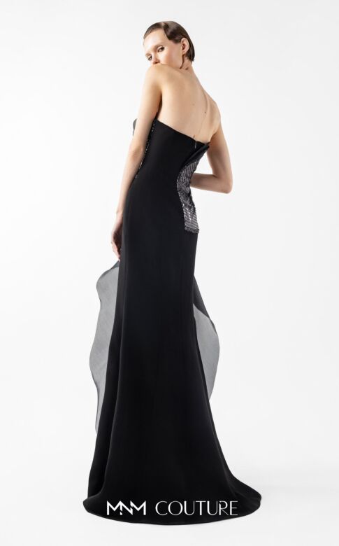 MNM Couture G2021 Beaded Bodice Ruffle Slit Black Dress
