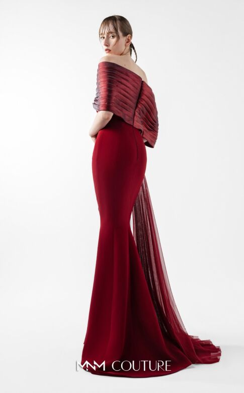 MNM Couture G2022 Pleated Off-The-Shoulder Burgundy Dress