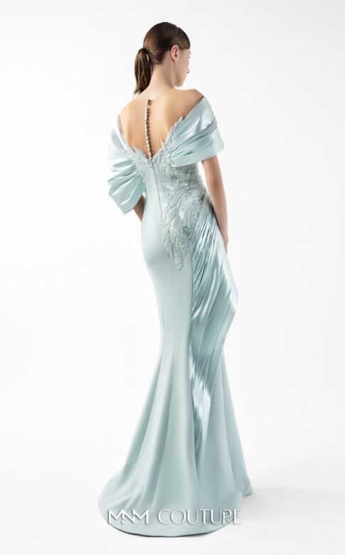 MNM Couture G2024 Asymmetric Draped Sleeve Sheer Neck Crepe Dress