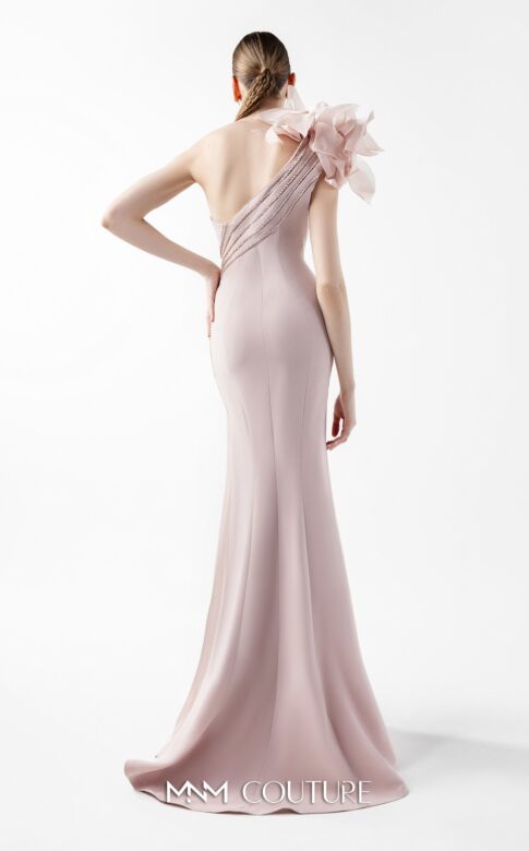 MNM Couture G2026 Slim-Flare Side Drape Asymmetric Neck Dress