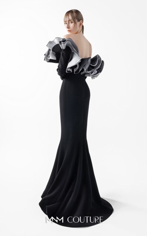 MNM Couture G2036 Crumbcatcher Neck Long Sleeve Black Dress
