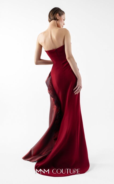 MNM Couture G2037 Side Slit Ruffle Neck Burgundy Dress