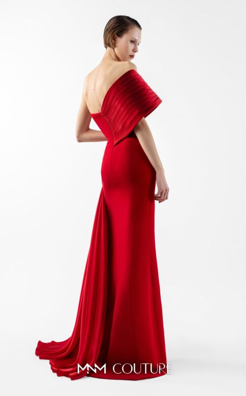 MNM Couture G2040 Side Slit Red Pleated Off-The-Shoulder Dress