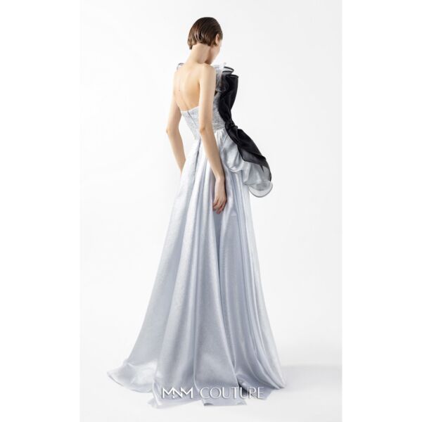 MNM Couture G2042 Silver Ruffle Neck Overskirt Dress