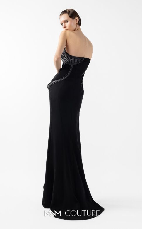 MNM Couture G2048 Side Slit Asymmetric Neck Black Dress