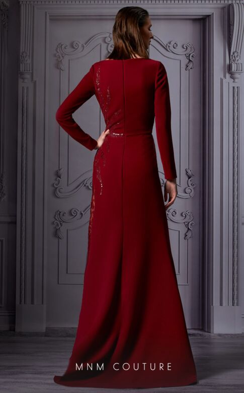 MNM Couture K3850 Split Skirt Bateau Neck Long Sleeve Dress