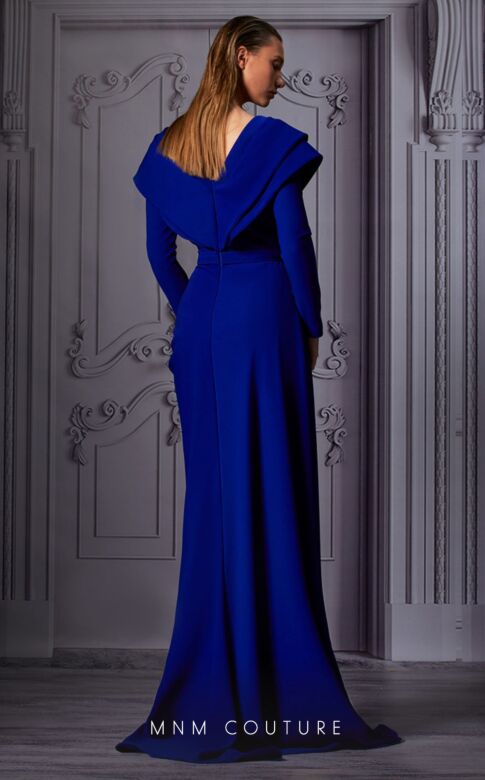 MNM Couture K3852 Long Sleeve Side Slit Pleated Dress