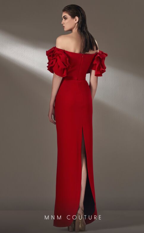 MNM Couture K3875 Back Slit Ruffle Sleeve Off The Shoulder Dress