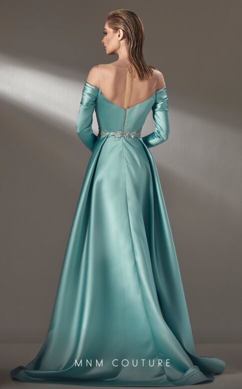 MNM Couture K3886 Embroidered Top Sheer Neck High Slit Dress
