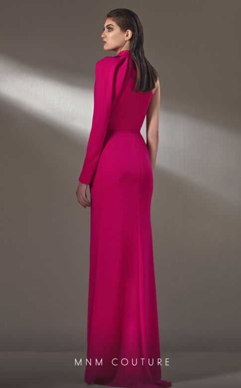 MNM Couture K3892 High Slit One Sleeve Choker Neck Dress