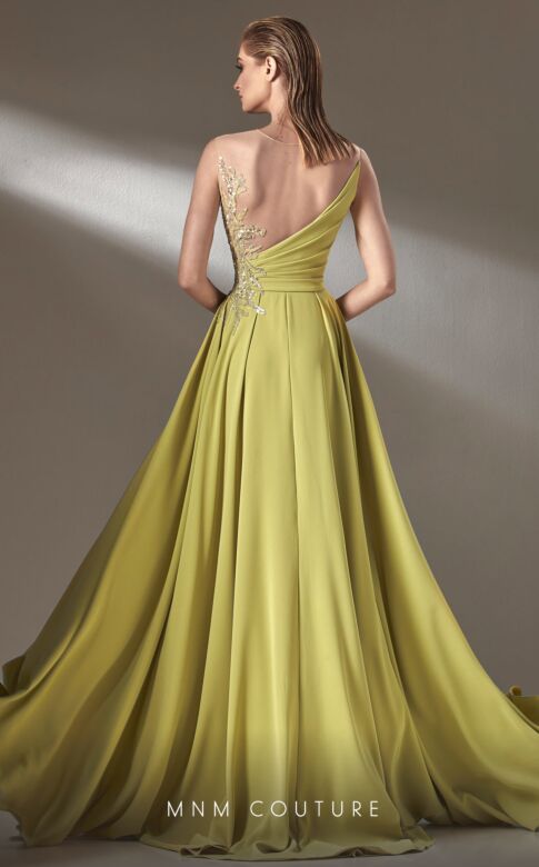 MNM Couture K3903 Illusion Top Long Overskirt High Slit Dress