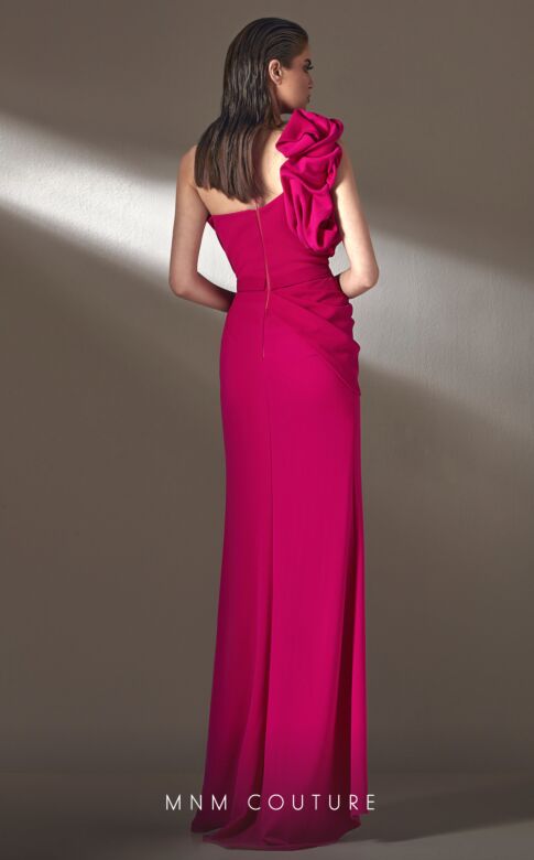 MNM Couture K3904 Ruffle Strap High Slit Sheer Neck Dress