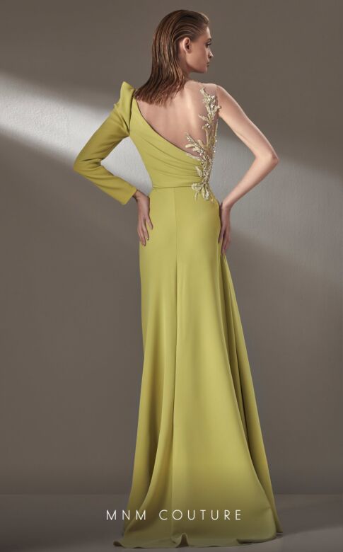 MNM Couture K3908 One Sleeve Illusion Top Draped Dress