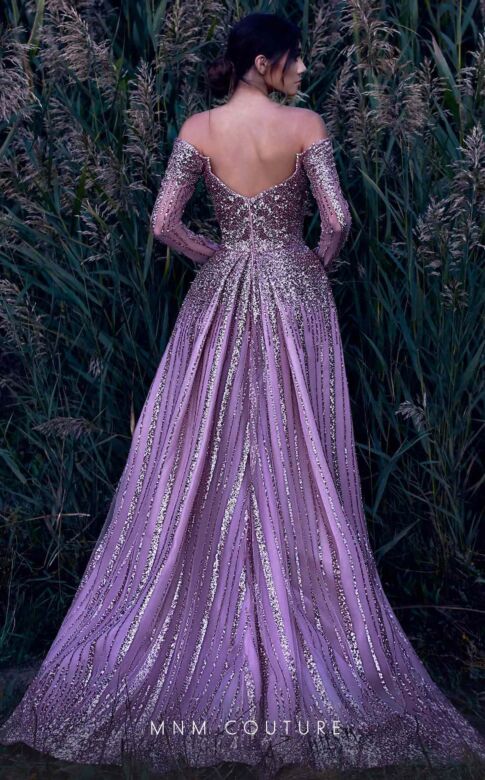 MNM Couture K3913 Plunging Neckline Long Overskirt Glitter Dress