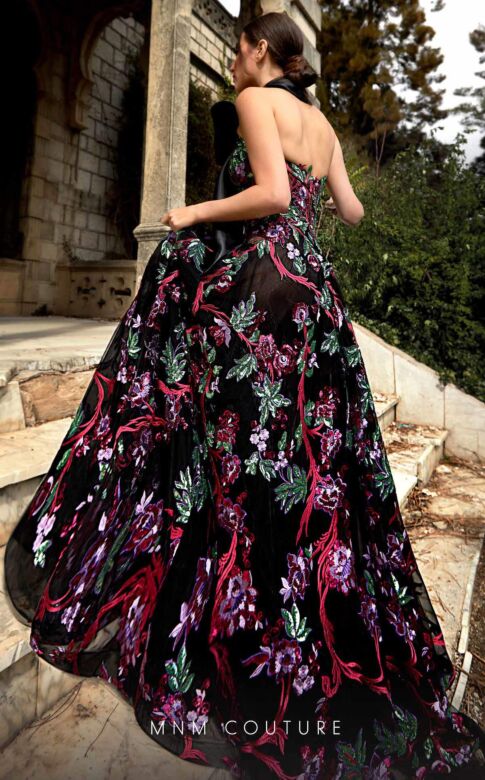 MNM Couture K3951 Halter Neckline Floral Embroidery Dress