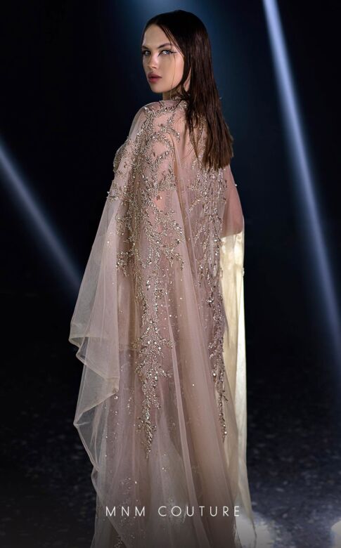 MNM Couture K3960 Cape Train Embellished Illusion Dress