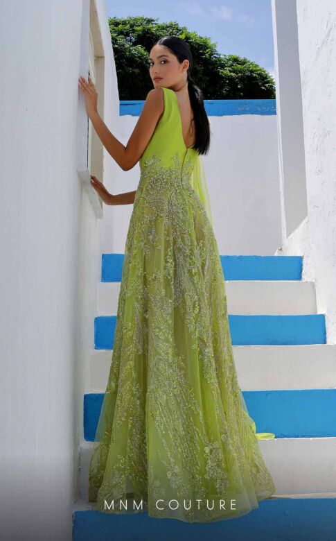 MNM Couture K3995 Embellished Skirt Plunging Neck Dress