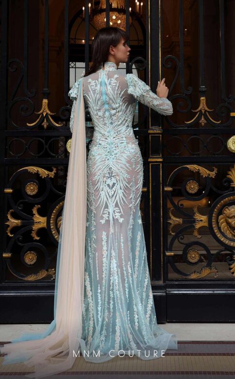 MNM Couture K4008 Long Sleeve High Neck Embroidered Illusion Dress