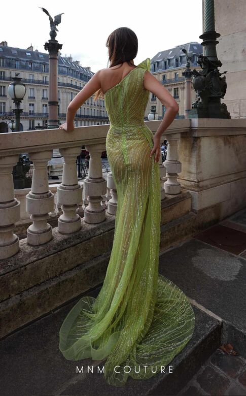 MNM Couture K4014 Asymmetric Side Tail Beaded Sheer Dress
