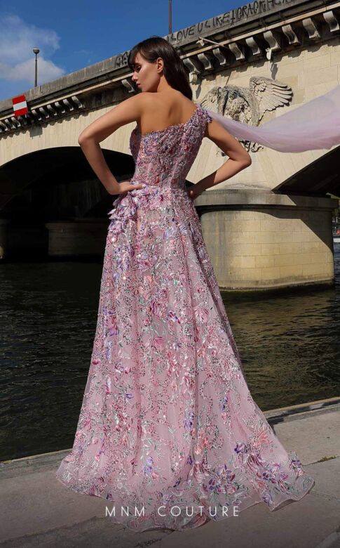 MNM Couture K4020 One Shoulder Floral Embroidery Dress